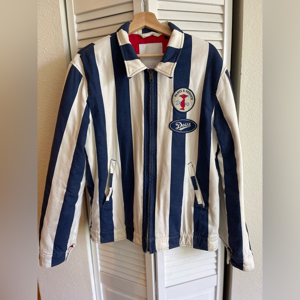 Deus Ex Machina Men's Blue and White Striped Service Jacket